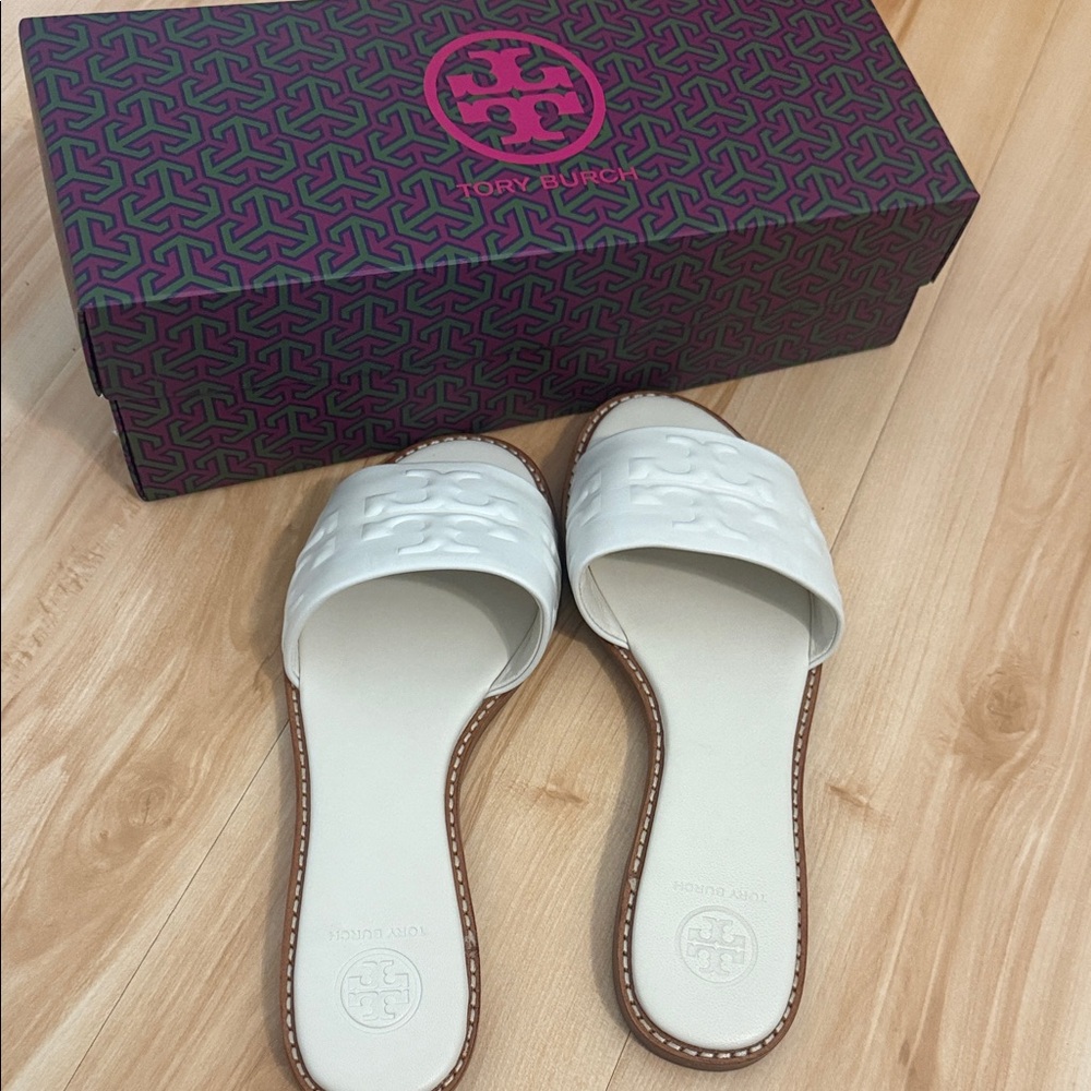Tory Burch White Leather Slide Sandals with Brown Trim